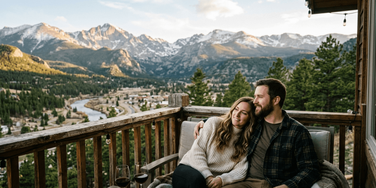 A couple enjoys a peaceful moment on a wooden bridge, framed by dense woods and vibrant greenery.
