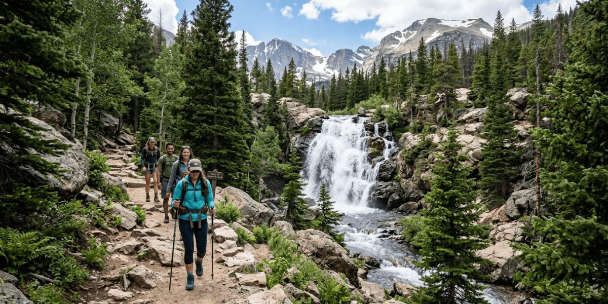 A group of hikers ascends a trail, with a cascading waterfall visible in the background.